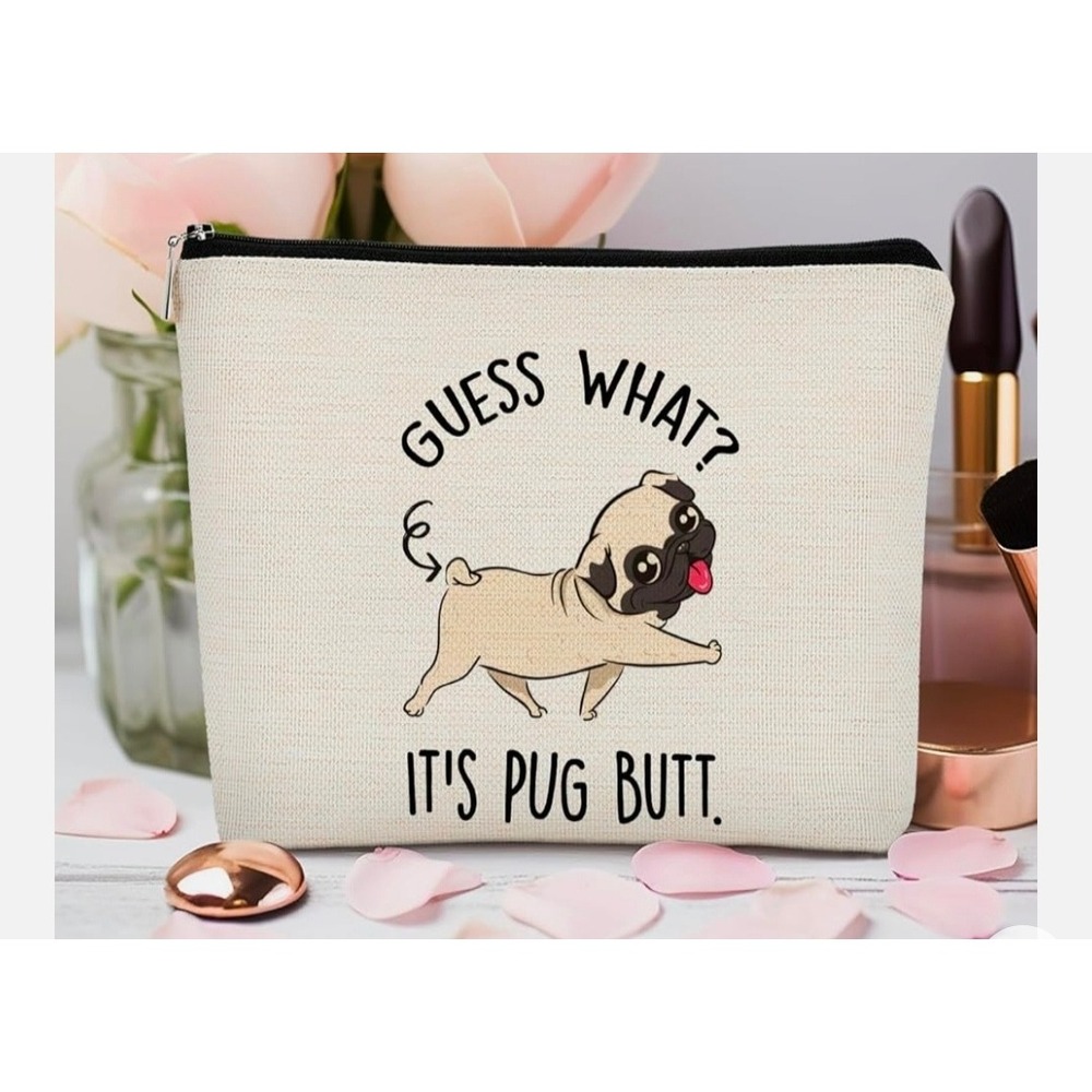 Funny Pug Butt Canvas Makeup Bag Double Sided Dog Lover Cosmetic Pouch Beige